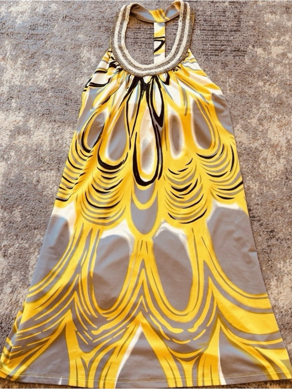 INC Yellow Gray Halter Dress Size Medium 90s Y2K Lightweight Psychedelic Stretch